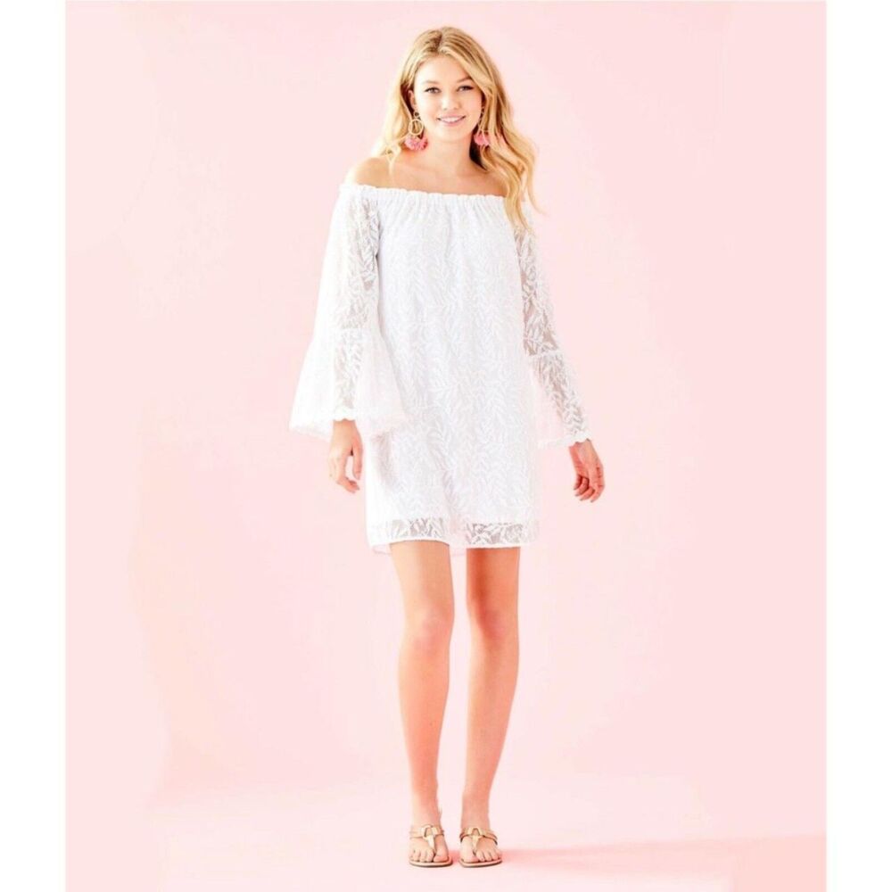 Lilly Pulitzer Lace Nevie Dress Women's XS White Off Shoulder Resort Bell Sleeve